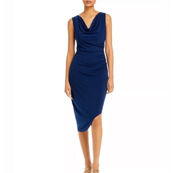 Sam Edelman Dress Size 4 Ruched Bodycon Midi NWT Navy Asymmetrical Cocktail - Picture 1 of 12